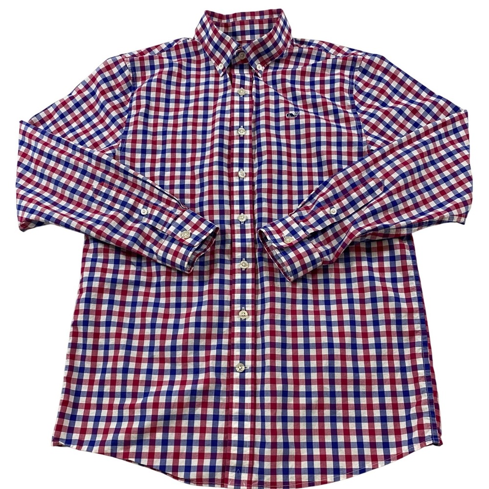 Vineyard Vines‎ Boys L 16 Whale Shirt Red White Blue Gingham Button Down Cotton